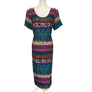 Vintage Lisa II Midi Dress Size 16 Boho Tribal Print Rayon Tie Back Side Button